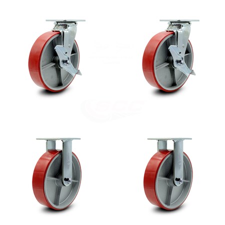 Service Caster 8 Inch Red Poly on Cast Iron Caster Set with 2 Brakes/Swivel Lock 2 Rigid SCC SCC-30CS820-PUB-RS-TLB-BSL-2-R-2